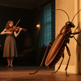 a bug looking at a girl playing theviolin